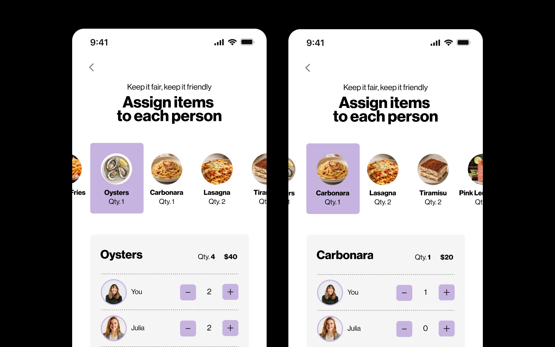 Each dish as a tappable card
